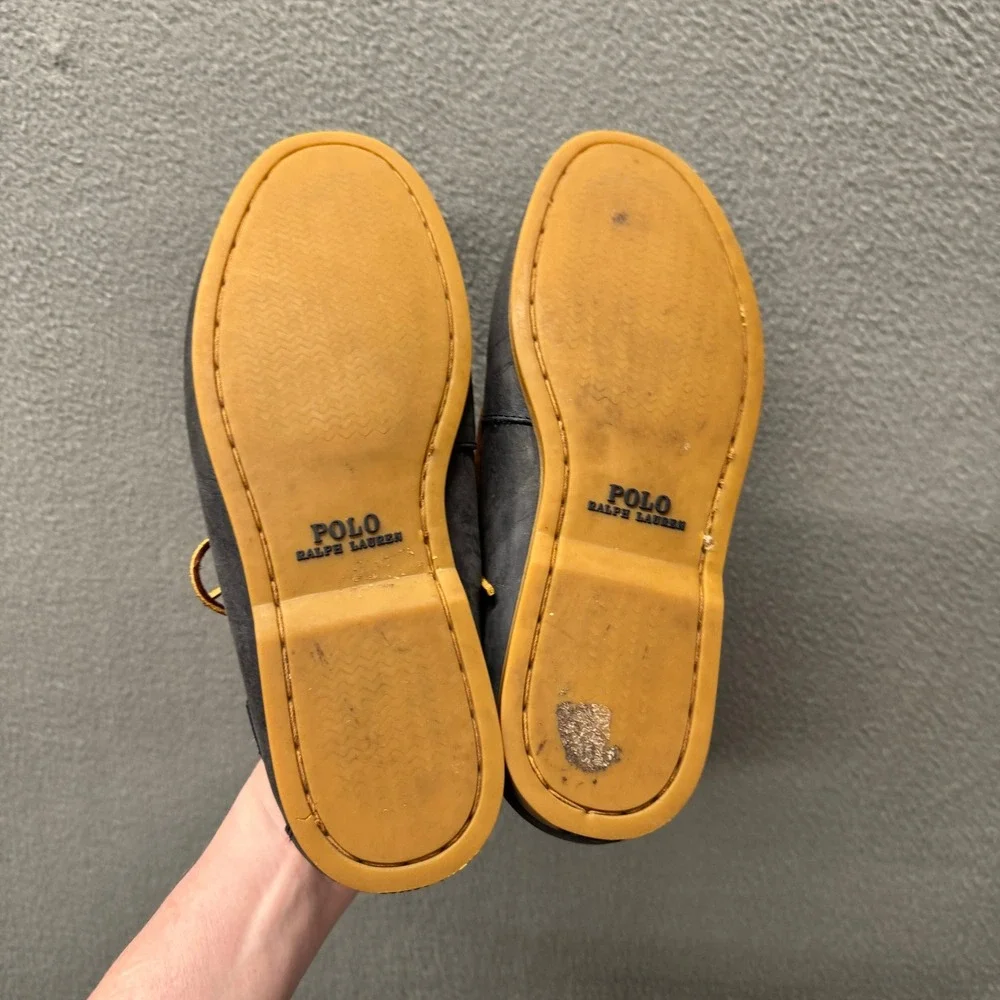 Polo Ralph Lauren Boat Shoes Mens 9 D Bienne II Navy Blue‎ Tan Leather Loafers